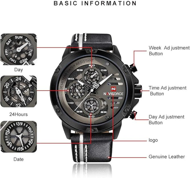 NAVIFORCE Sport Military Watches for Men Waterproof Watch Analog Quartz Leather Band Date Calendar Clock Wristwatch