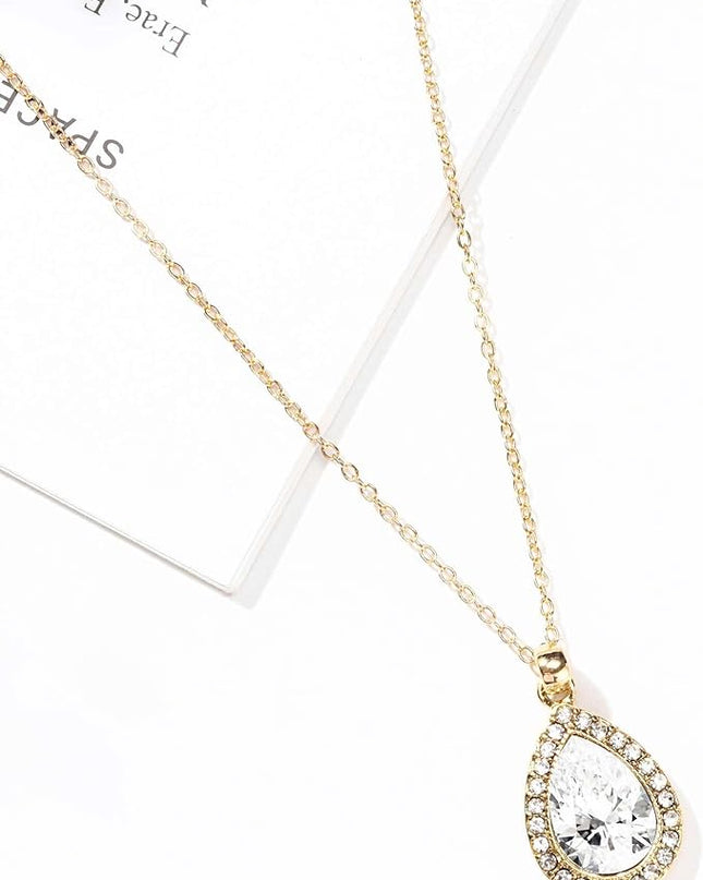 ZHUWE Bridesmaid Jewelry Set Gift for Wedding,18K Gold/Rose Gold/Silver Plated Teardrop Pendant Necklace Earring Set for Women Girls