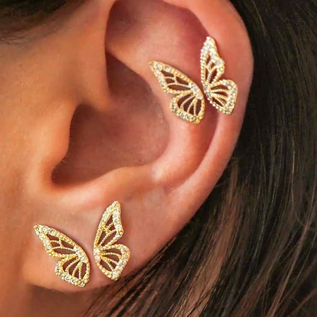 Luxval Butterfly Wing Earrings，18K Gold Plated CZ Simulated Diamond Silver Stud Earrings, Tiny Butterfly Cartilage Earrings for women,Gold Stud Earrings for Girls