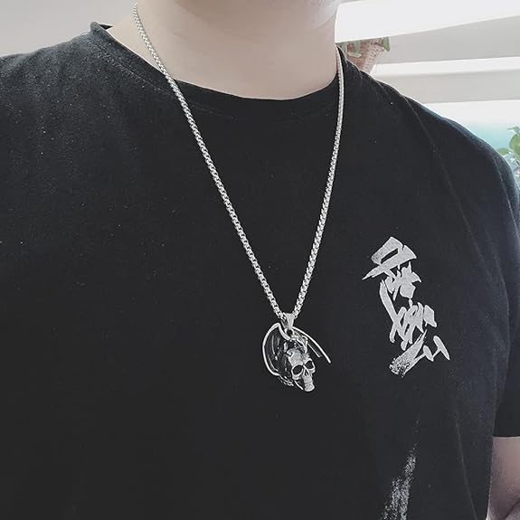 bahamut Mens Skull Dragon Pendant Necklace for Men Boys Silver Gold Cool Goth Accessory Jewelry with Stainless Steel Chain