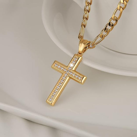 HZMAN 24K Gold-Plated Solid CZ Cross Necklace for Men Women Stainless Steel Religion Jewelry with 24 Inch Figaro Chain