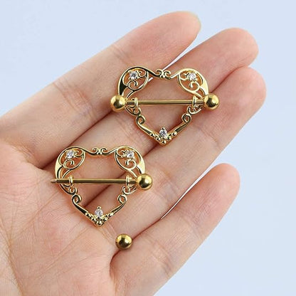 COCHARM 14G Heart Nipple Rings for Women Surgical Steel CZ Nipple Piercings Nipple Barbells Nipple Bars Gold