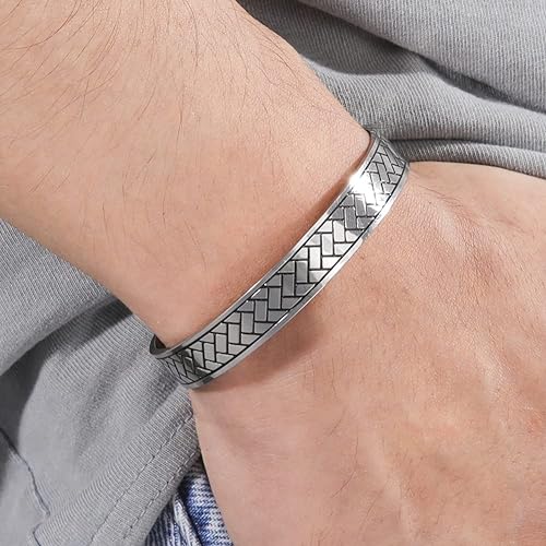 LUSSO Stainless Steel Magnetic Therapy Energy Cuff Bangle Engraving Geometric Pattern Health Care Amulet Bracelets for Men