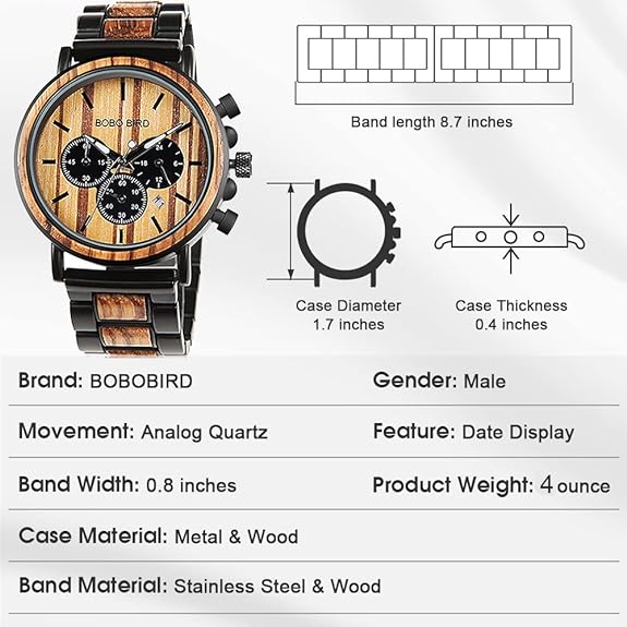 BOBO BIRD Wooden Mens Watches Stylish Wood & Stainless Steel Combined Chronograph Military Quartz Casual Wristwatches