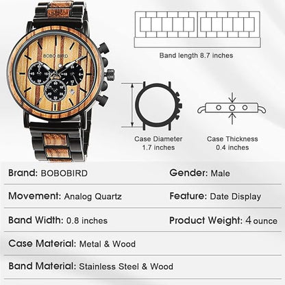 BOBO BIRD Wooden Mens Watches Stylish Wood & Stainless Steel Combined Chronograph Military Quartz Casual Wristwatches