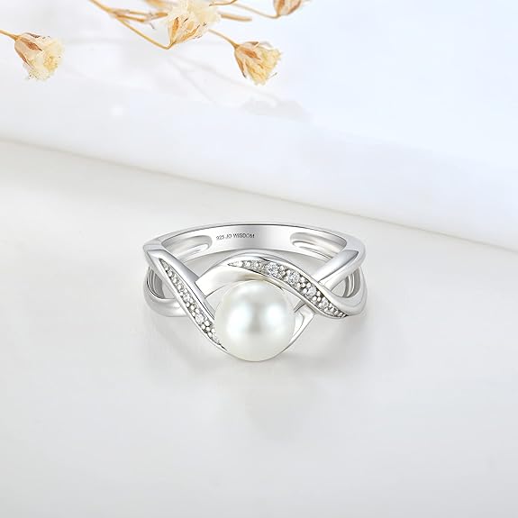 JO WISDOM Women Pearl Ring,925 Sterling Silver Cubic Zirconia Infinity Pearl Ring with 7mm Round White Pearl Ring