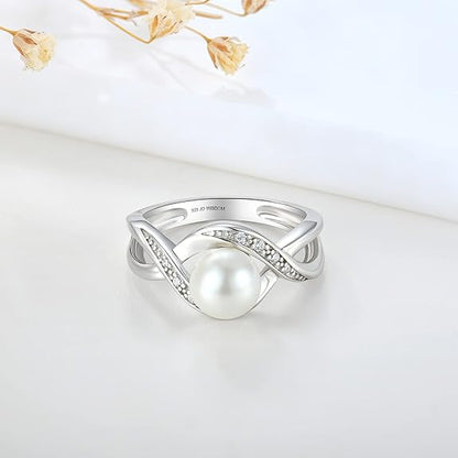 JO WISDOM Women Pearl Ring,925 Sterling Silver Cubic Zirconia Infinity Pearl Ring with 7mm Round White Pearl Ring