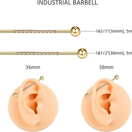 Gold Industrial Piercing Jewelry 14G 36mm 38mm 1pc - ASTM F136 Titanium Industrial Barbell, Industrial Earrings