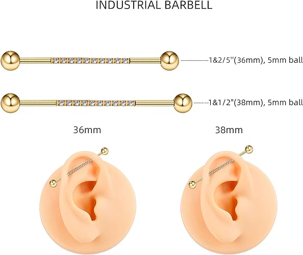 Gold Industrial Piercing Jewelry 14G 36mm 38mm 1pc - ASTM F136 Titanium Industrial Barbell, Industrial Earrings