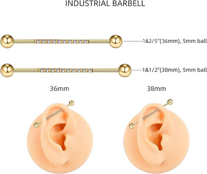 Gold Industrial Piercing Jewelry 14G 36mm 38mm 1pc - ASTM F136 Titanium Industrial Barbell, Industrial Earrings