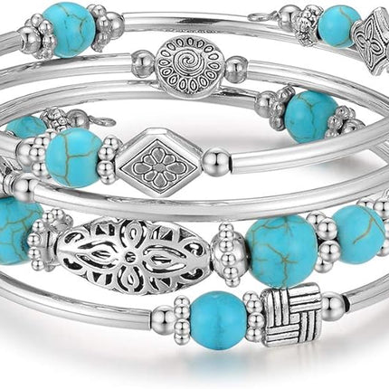 Layered Wrap Bangle Turquoise Bracelet - Bead Bracelet with Natural Agate Stone, Gifts For Women