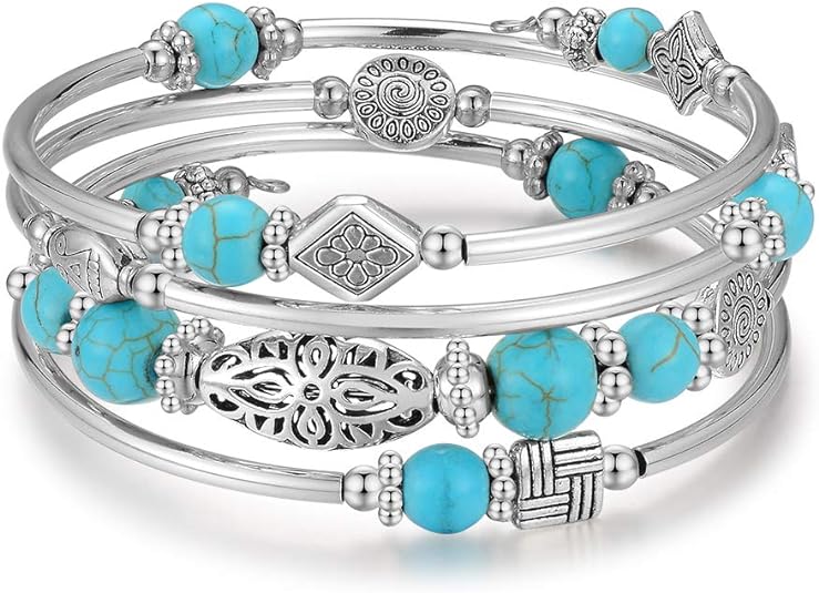 Layered Wrap Bangle Turquoise Bracelet - Bead Bracelet with Natural Agate Stone, Gifts For Women