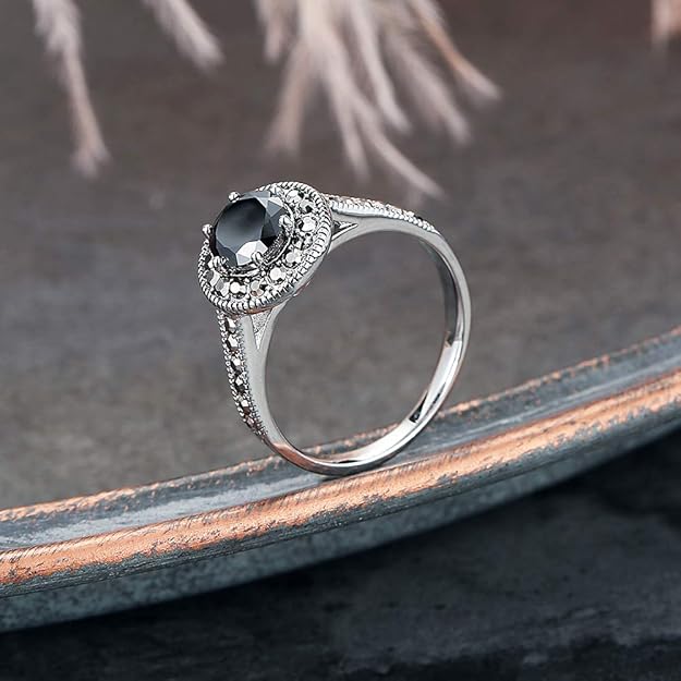 Vintage Wide Ring Classic Black Marcasite Crystal Rows Statement Silver Chunky Rings