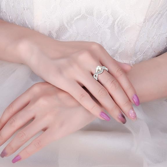 JO WISDOM Women Pearl Ring,925 Sterling Silver Cubic Zirconia Infinity Pearl Ring with 7mm Round White Pearl Ring