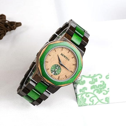 BEWELL Wood Watch Casual Analog Quartz Polygon Wristwatches for Men Unique Gift