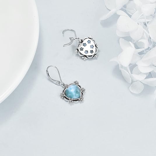 925 Sterling Silver Larimar Opal Moonstone Turquoise Leverback Earrings Dangle Drop Vintage Jewelry Christmas Gifts for Women