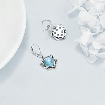 925 Sterling Silver Larimar Opal Moonstone Turquoise Leverback Earrings Dangle Drop Vintage Jewelry Christmas Gifts for Women