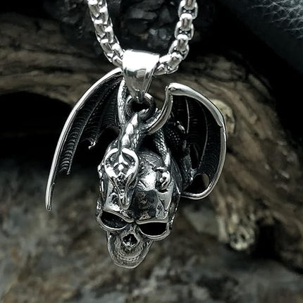 bahamut Mens Skull Dragon Pendant Necklace for Men Boys Silver Gold Cool Goth Accessory Jewelry with Stainless Steel Chain