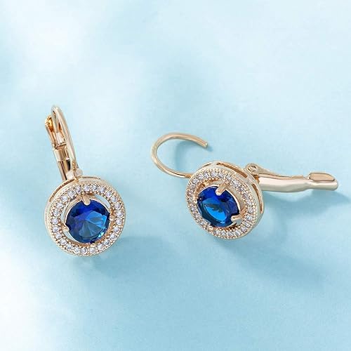 Austrian Crystal Halo Round Drop Leverback Earrings for Women 14K Rose Gold Plated