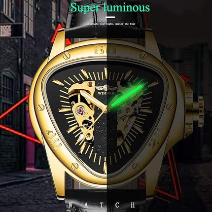 Triangle Golden Skeleton Watch for Men Mechanical Automatic Wristwatch Sport Silver Stainless Steel Mens Watches