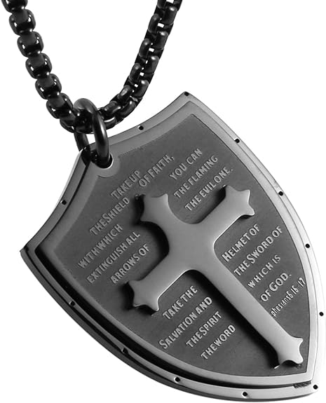 HZMAN Shield Armor of God Ephesians 6:16-17, Faith Cross Stainless Steel Pendant Necklace