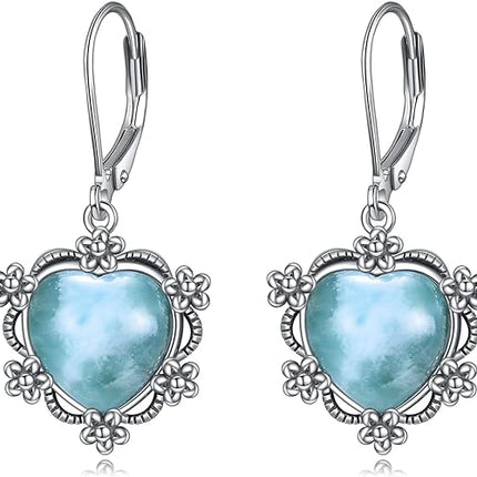 925 Sterling Silver Larimar Opal Moonstone Turquoise Leverback Earrings Dangle Drop Vintage Jewelry Christmas Gifts for Women