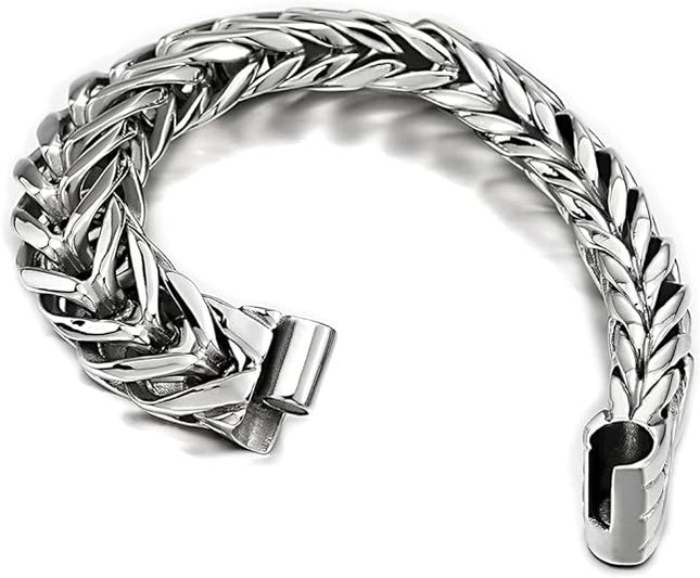 COOLSTEELANDBEYOND Masculine Style Wide Curb Chain Bracelet Stainless Steel Silver Color for Men