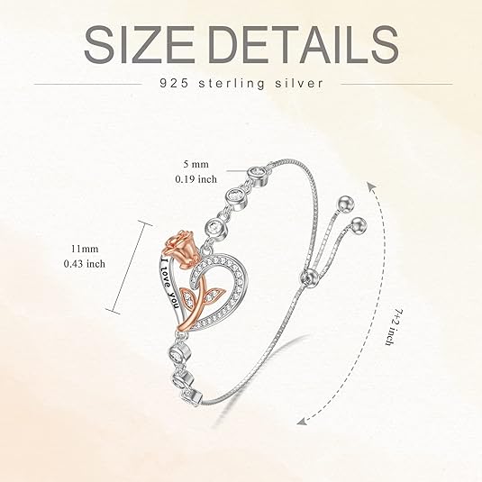 Rose Flower Heart Bracelet 925 Sterling Silver Bracelet for Women Mother's Day Birthday Anniversary Link Chain Bracelet Gifts for Women Girlfriend Girls Her