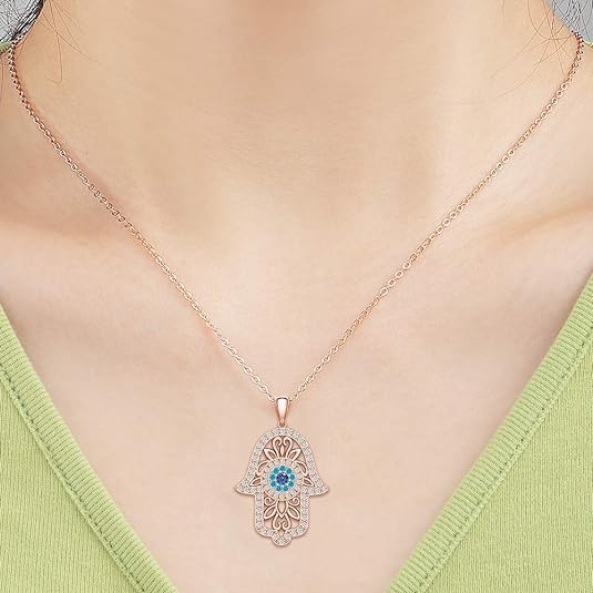 Hamsa Hand Evil Eye Necklace 925 Sterling Silver Rose Gold Plated Vintage Fatima Hand Good Luck Women Pendant Necklace