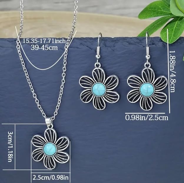 Vintage Style Women's Earrings Necklace 3 Piece Set Antique Silver Drop Shaped Turquoise Pendant