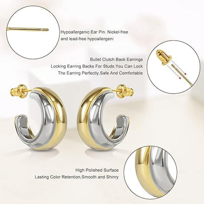 Two Tone Hoop Earrings for Women, 925 Sterling Silver Post 18K Plated Gold Silver Dangle Statement Earrings