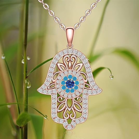 Hamsa Hand Evil Eye Necklace 925 Sterling Silver Rose Gold Plated Vintage Fatima Hand Good Luck Women Pendant Necklace