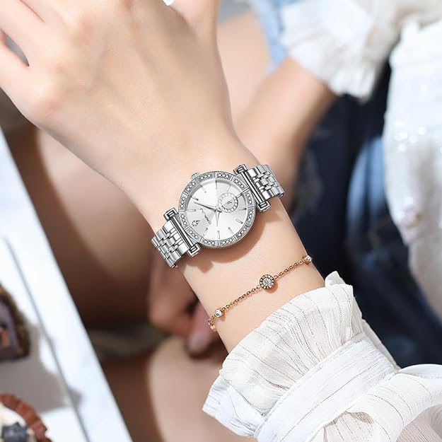 CRRJU Classic Fashion Women's Rhinestone Diamond Wrist Watches Stainless Steel Japanese Quartz Movement Analog Dress Watches for Women