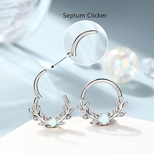Melighting Opal Septum Ring 16G Vine Septum Jewelry Stainless Steel 316L Septum Piercing 10mm Daith Piercing Jewelry 8mm Conch Helix Earring Cartilage Earring for Women