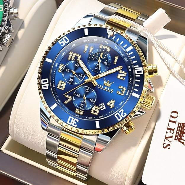 OLEVS Watches for Men Stainless Steel Dress Men Watch with Date Big Face Chronograph Waterproof Luxury Fashion Watch Blue/Black/Gold/Green/Silver Face Relojes para Hombres