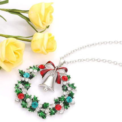 YAHPERN Christmas Necklaces For Women Glitzy Rhinestone Xmas Wreath Bell Pendant Necklace Holiday Jewelry Gift