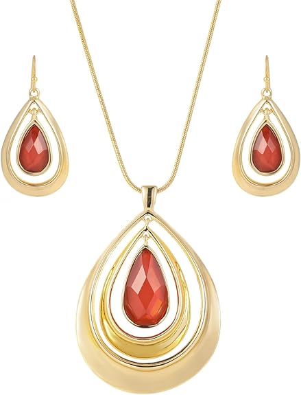 Madison Tyler Gold Plated Jewelry Set for Women | Silver Teardrop Pendant Necklace Trendy | Long Necklace with Snake Chain | Fashion Dangle Earring Set