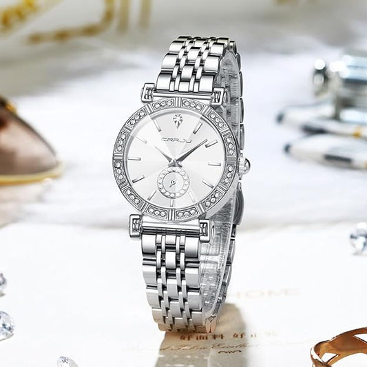 CRRJU Classic Fashion Women's Rhinestone Diamond Wrist Watches Stainless Steel Japanese Quartz Movement Analog Dress Watches for Women