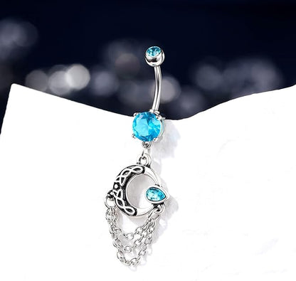 COCHARM Moon Chain Dangle Belly Button Rings Aqua CZ Dangly Belly Rings for Women Belly Piercing Jewelry Dangling Stainless Steel