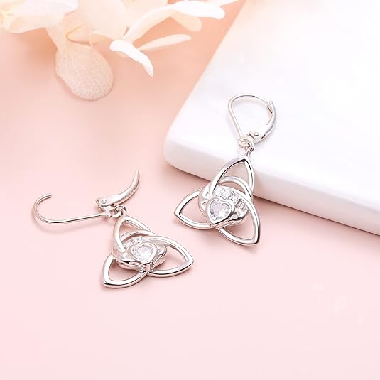 S925 Sterling Silver Celtic Knot Earrings for Women Irish Good Luck Drop Dangle Hook Earrings