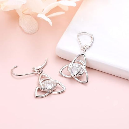 S925 Sterling Silver Celtic Knot Earrings for Women Irish Good Luck Drop Dangle Hook Earrings