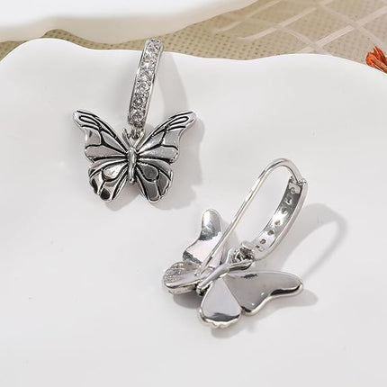 Vintage Silver Dangle Butterfly Earrings for Women Punk Butterfly Cubic Zirconia Huggie Hoop Earrings Drop Intersect Fairy Butterfly Earrings Spring Summer Jewelry Gift for Women