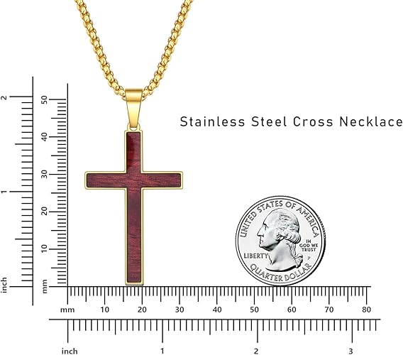 Rnivida Mens Stainless Steel Wood Inlay Cross Pendant Necklace, Christian Wood Cross Necklace 24" Round Box Chain