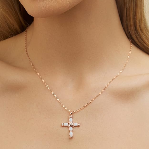 Barzel Rose Gold & White Gold Plated Created Opal Cross Chain With Pendant