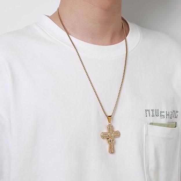 18k Gold Plated Infinite Hollow-out Cross Pendant Stainless Steel Inlay CZ Hip-hop Charm Necklace Jewelry Gift