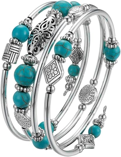 Layered Wrap Bangle Turquoise Bracelet - Bead Bracelet with Natural Agate Stone, Gifts For Women