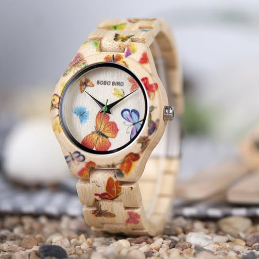 BOBO BIRD Women's Bamboo Watch Butterfly Engraved Handmade Wooden Casual Watches