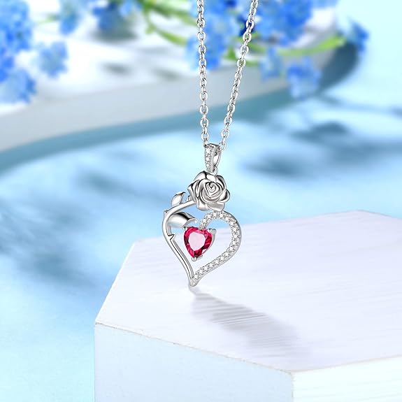 Jewmon Heart Rose Birthstone Necklace for Women 925 Sterling Silver Rose Flower Heart Birthstone Pendant Necklace Rose Necklace Birthstone Jewelry for Birthday Draduation Christmas Gift for Women Girl