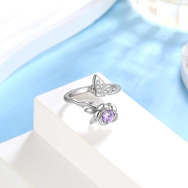 Jewmon Butterfly Rose Birthstone Ring for Women 925 Sterling Silver Butterfly Birth Stone Ring Birhstone Rose Ring Flower Elegant Promise Band Ring Butterfly Birthstone Jewelry Gifts for Her