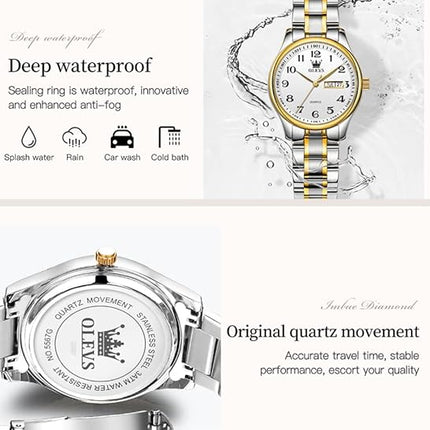 OLEVS Women's Watch Gold Diamond Classic Elegant Dress Wrist Watch Stainless Steel Waterproof Day Date